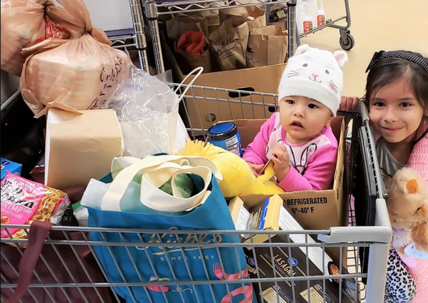 A child sits in a shopping cart full of food in the Broomfield FISH Marketplace while another child stands next to the cart smiling.