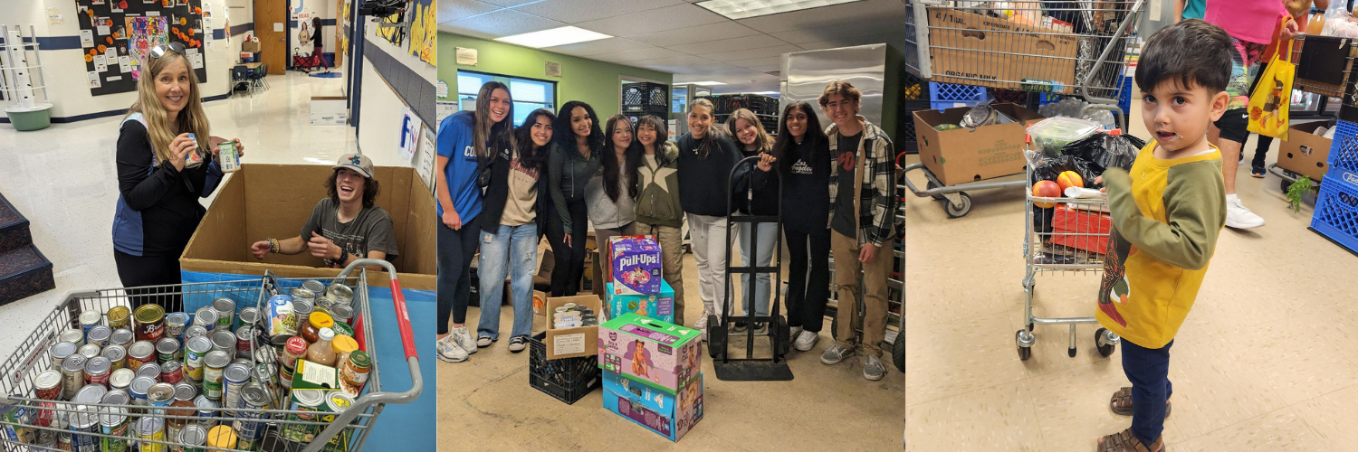 A collage showing a person holding food donations in front of a cart filled with canned food while a smiling volunteer sits in the donation bin, a group of students posing in front of diaper boxes from their food drive, and a child in the Marketplace smiling and posing in front of a small shopping cart.